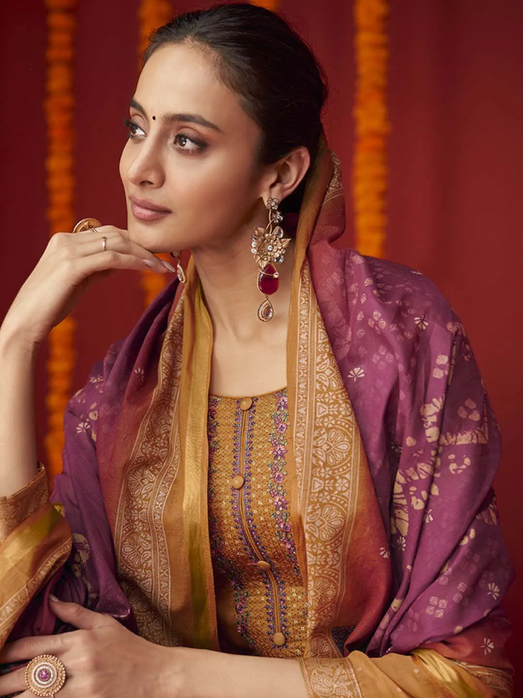 Unstitched Embroidered Cotton Satin Yellow Salwar Suit Material
