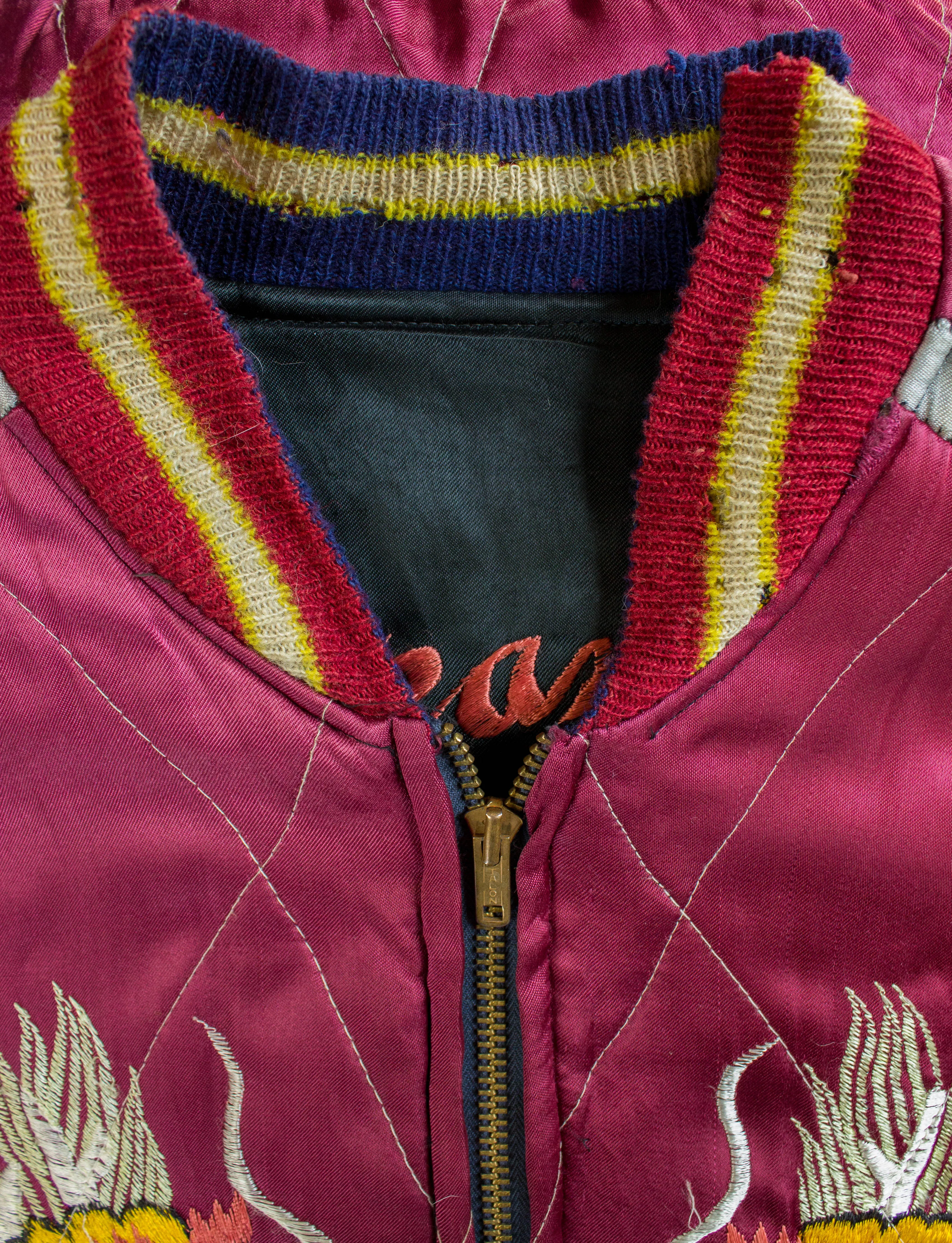 Vintage Japan Reversible Silk Sukajan Bomber Jacket 40s Black and Maroon Large