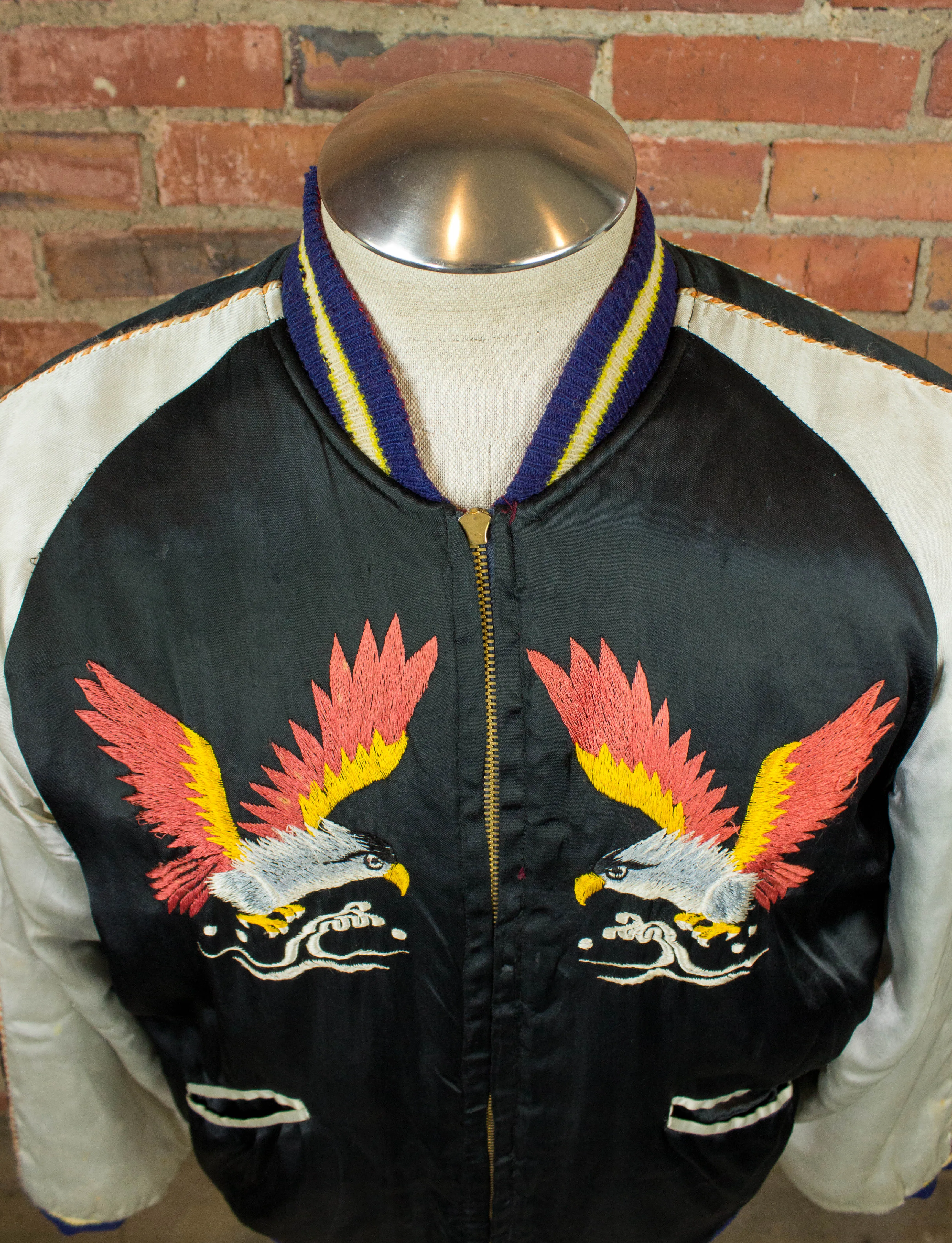 Vintage Japan Reversible Silk Sukajan Bomber Jacket 40s Black and Maroon Large