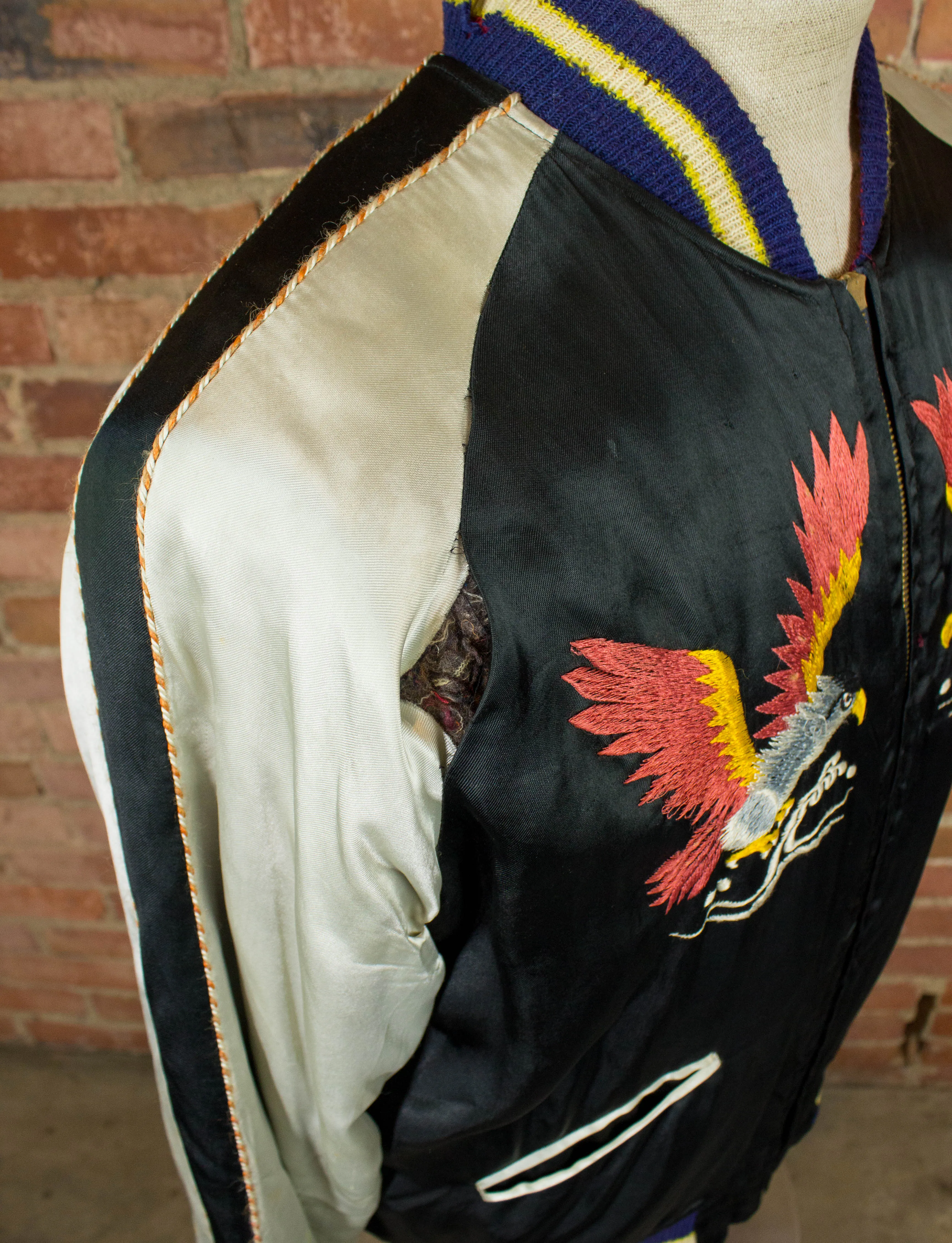 Vintage Japan Reversible Silk Sukajan Bomber Jacket 40s Black and Maroon Large