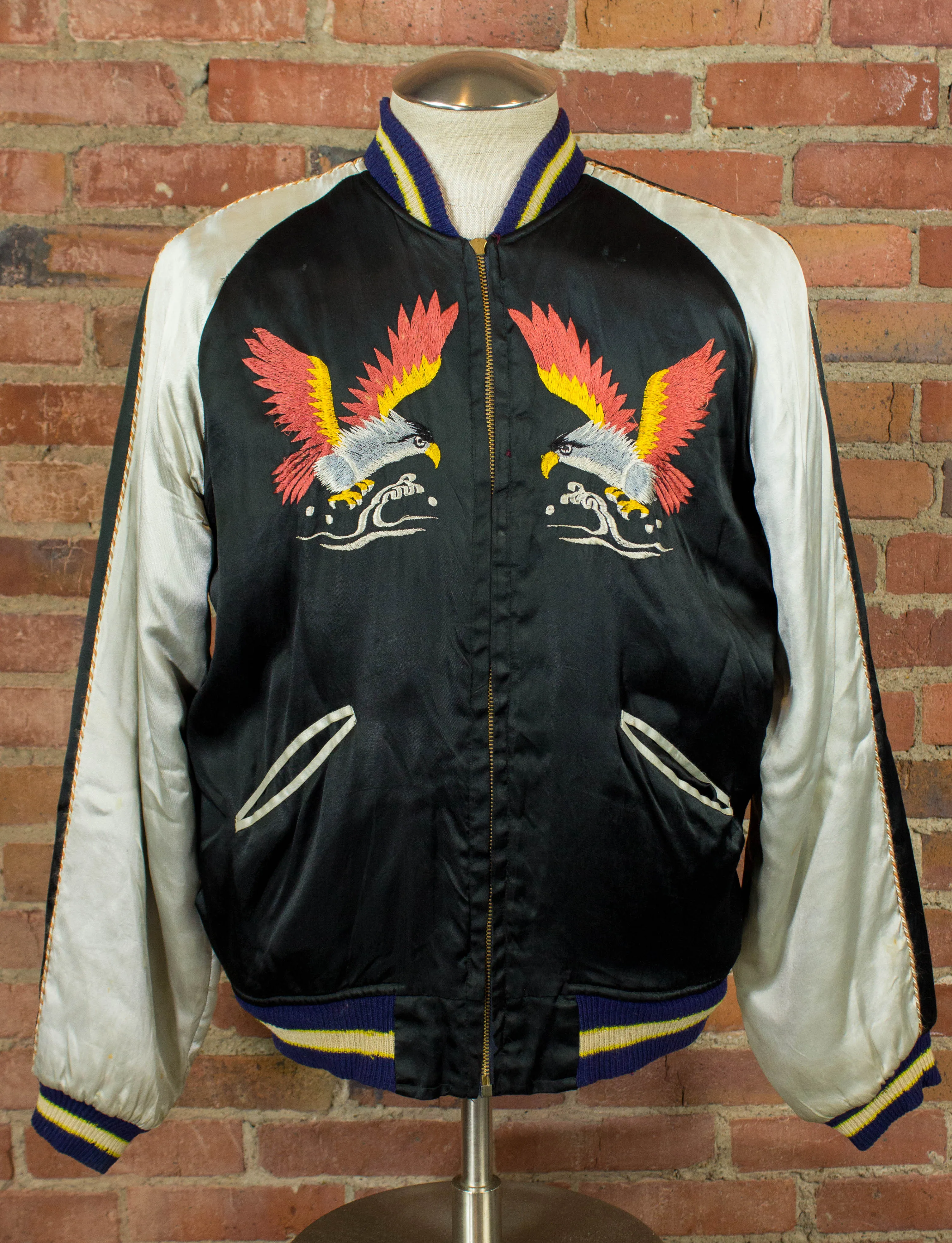 Vintage Japan Reversible Silk Sukajan Bomber Jacket 40s Black and Maroon Large