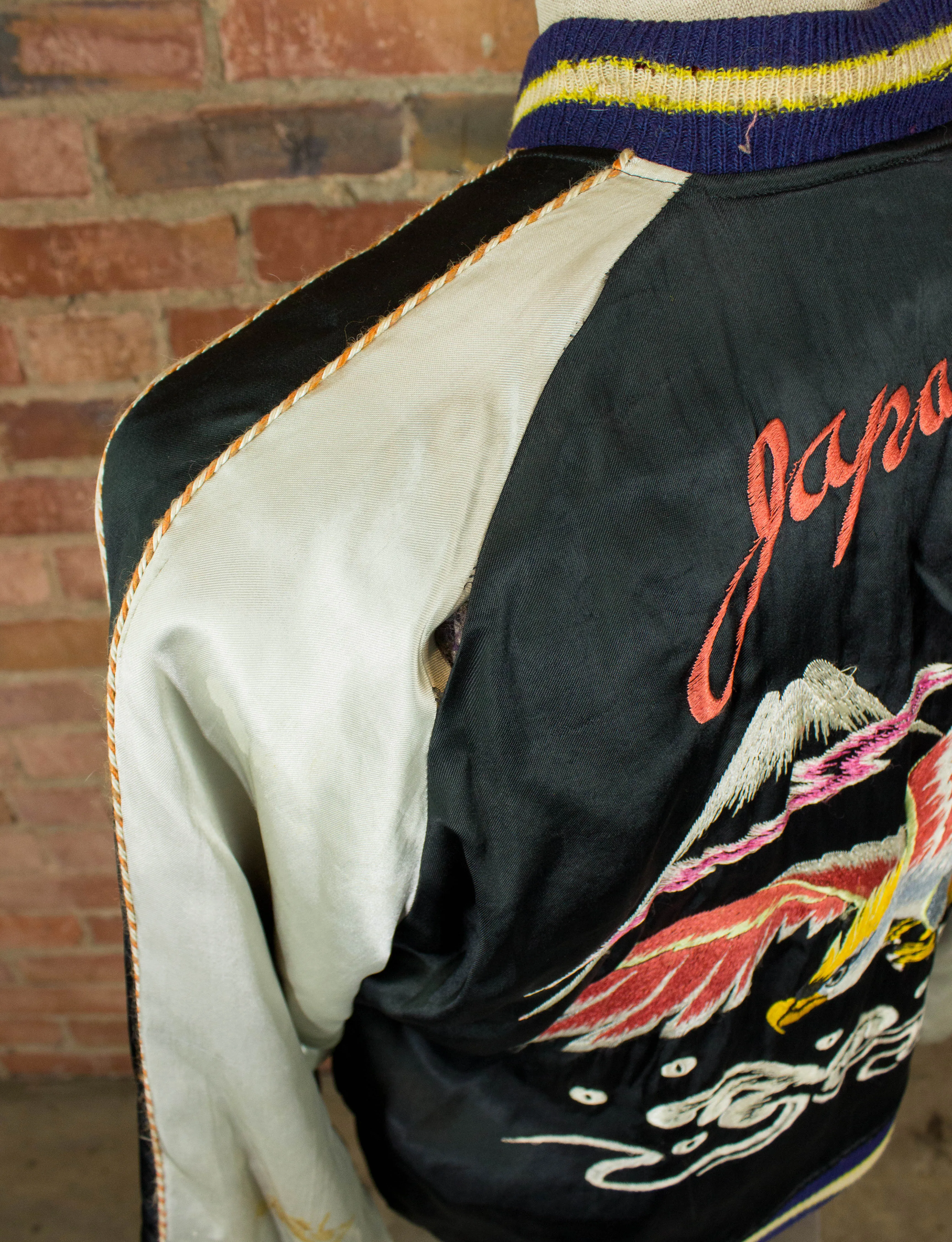 Vintage Japan Reversible Silk Sukajan Bomber Jacket 40s Black and Maroon Large