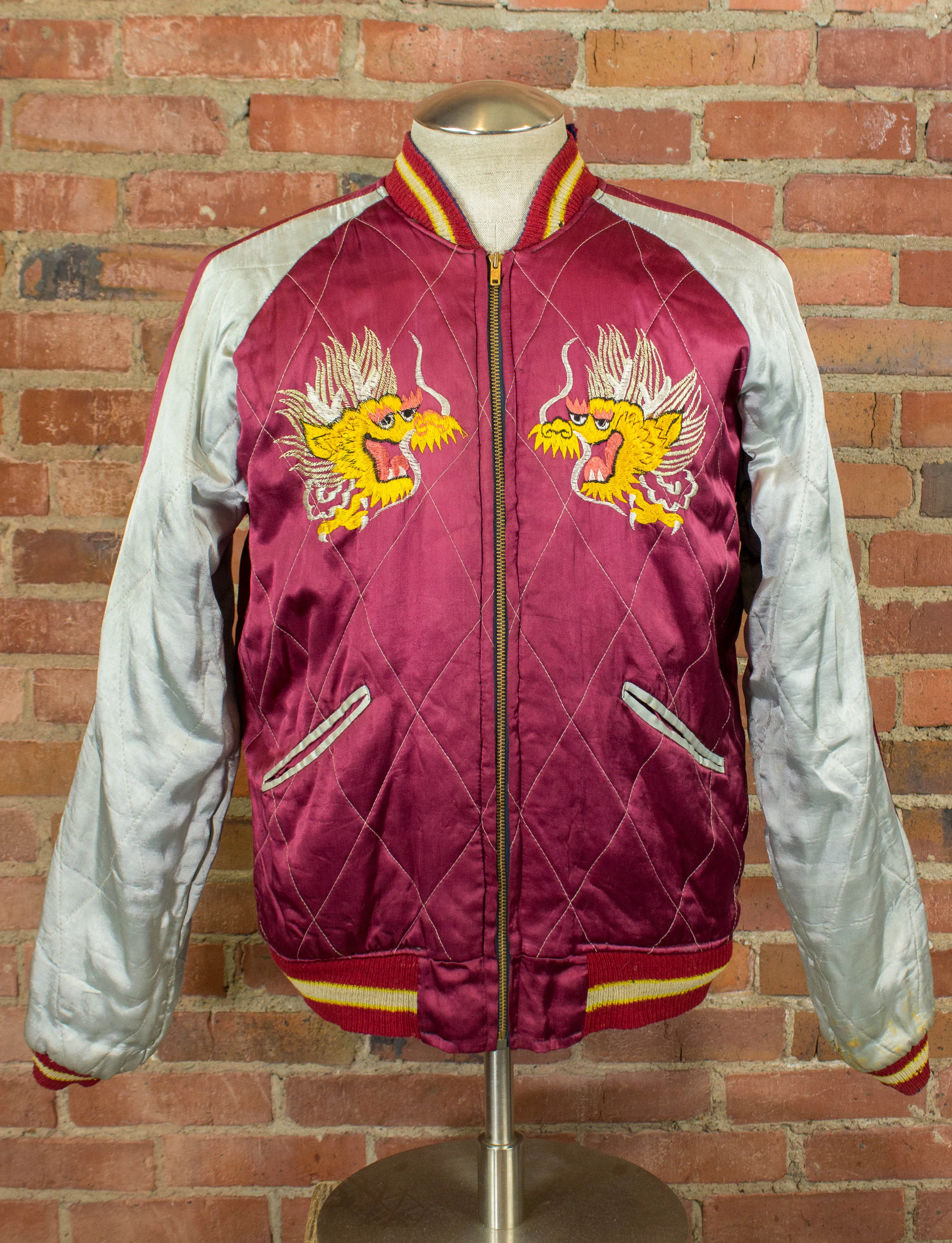 Vintage Japan Reversible Silk Sukajan Bomber Jacket 40s Black and Maroon Large