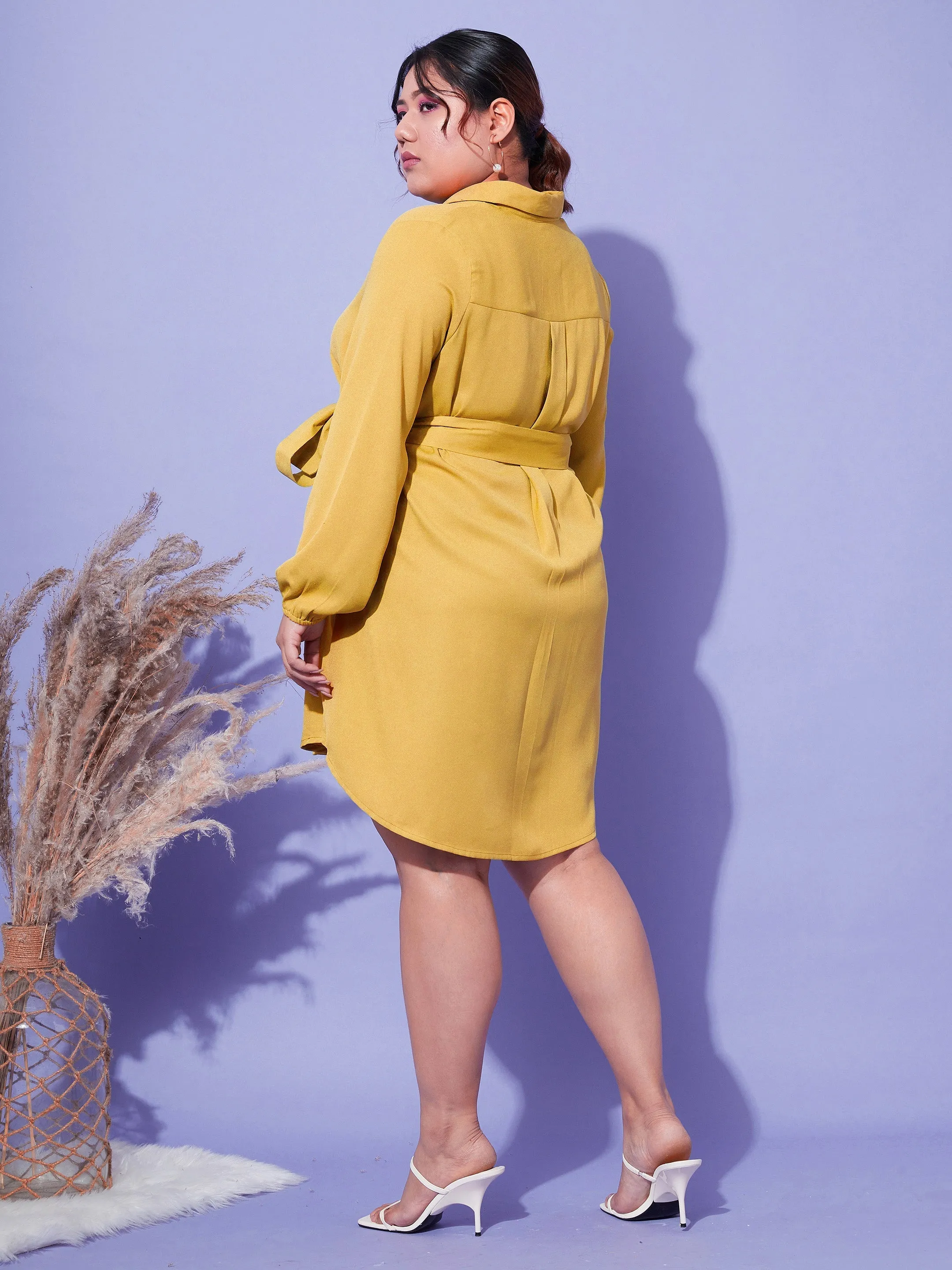 Women Mustard Front Open Button Shirt Dress
