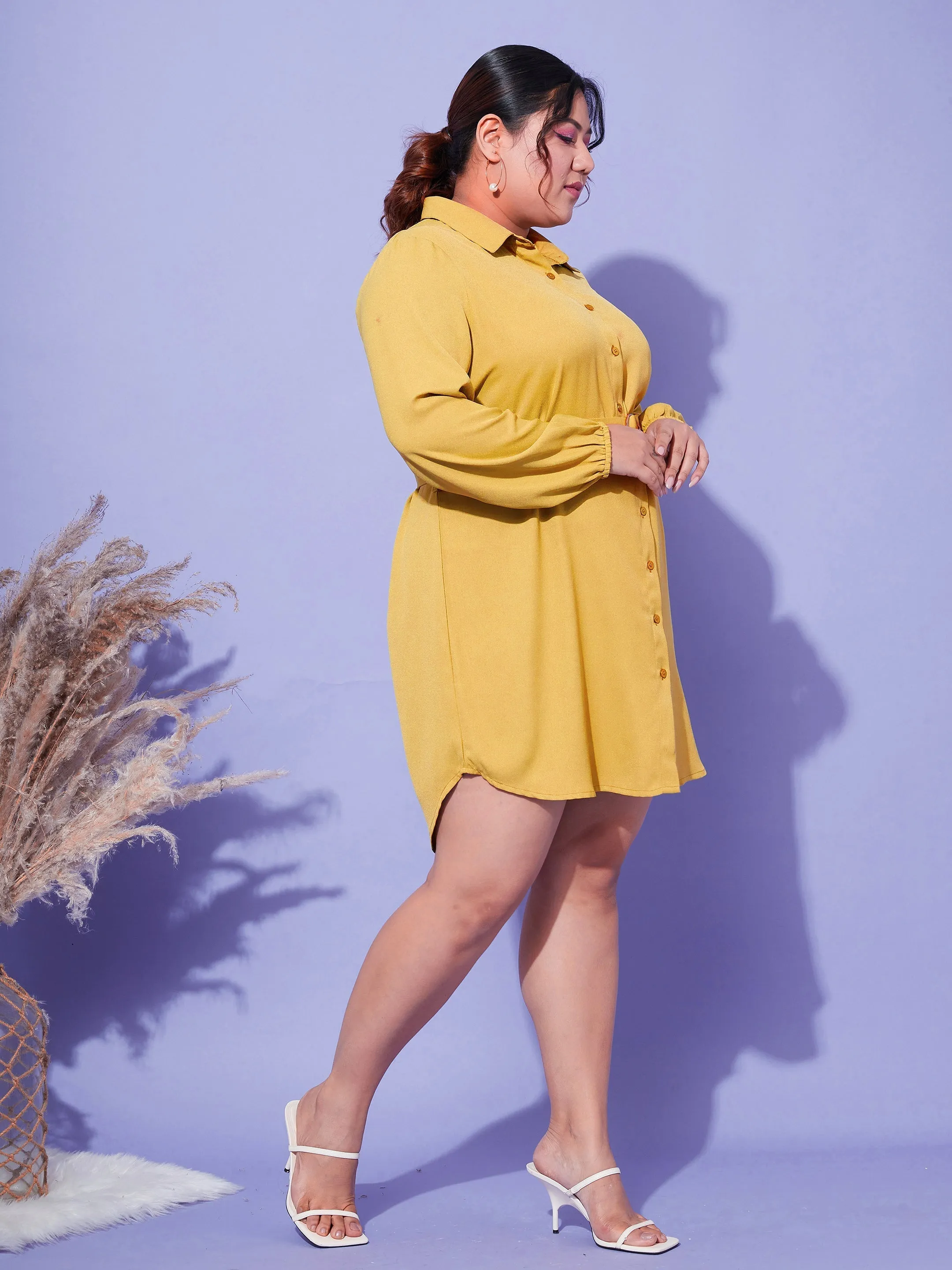 Women Mustard Front Open Button Shirt Dress