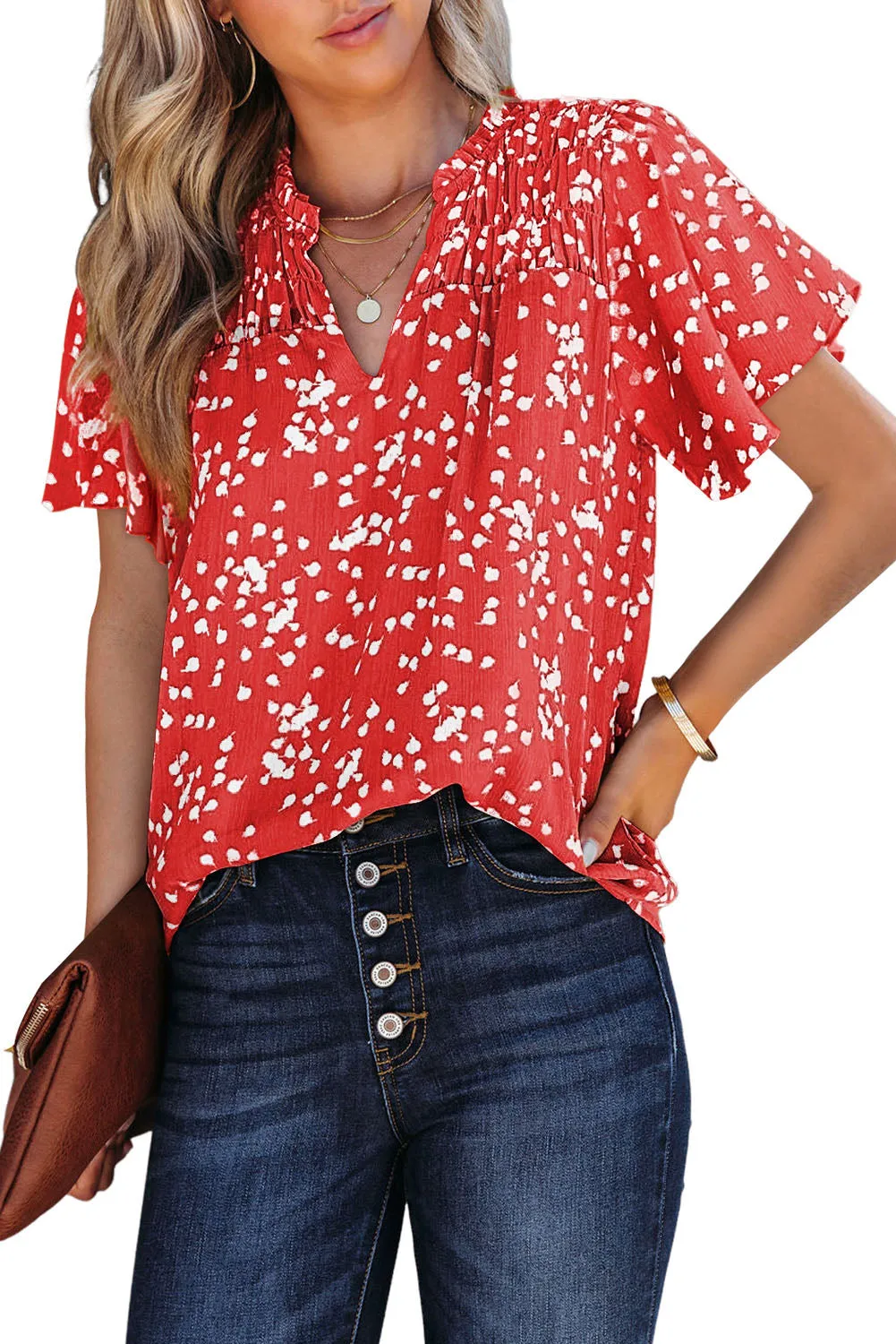 Women's Casual V Neck Floral Print Smocked Short Sleeve Chiffon Blouses