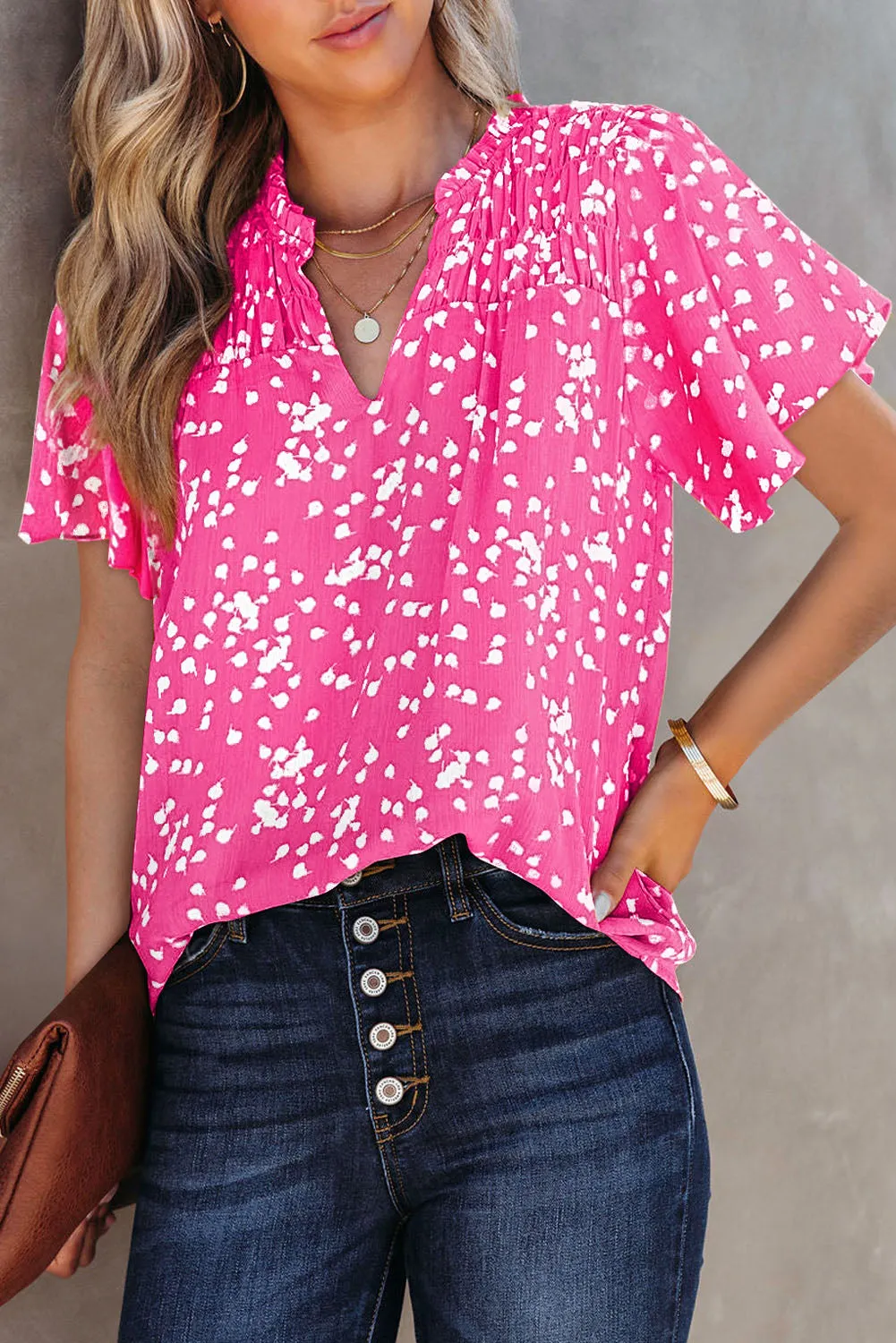 Women's Casual V Neck Floral Print Smocked Short Sleeve Chiffon Blouses