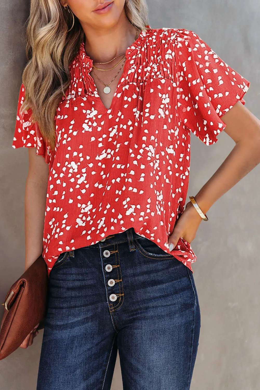 Women's Casual V Neck Floral Print Smocked Short Sleeve Chiffon Blouses