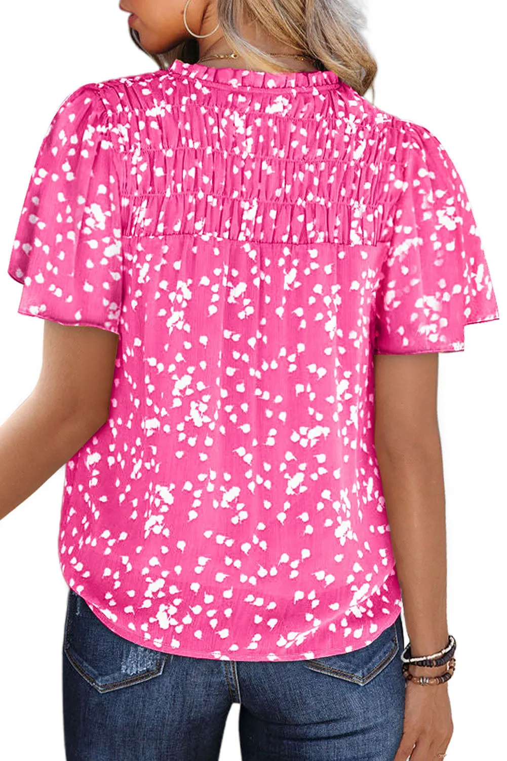 Women's Casual V Neck Floral Print Smocked Short Sleeve Chiffon Blouses