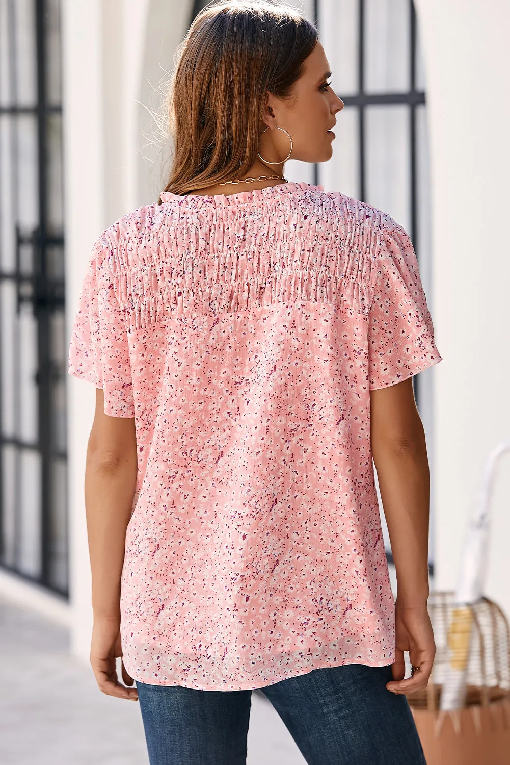 Women's Casual V Neck Floral Print Smocked Short Sleeve Chiffon Blouses