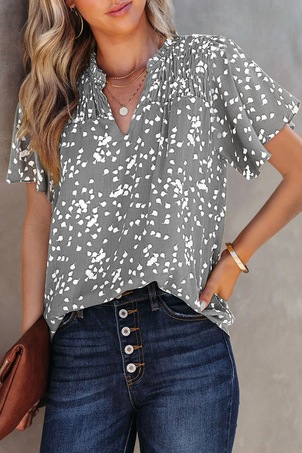 Women's Casual V Neck Floral Print Smocked Short Sleeve Chiffon Blouses