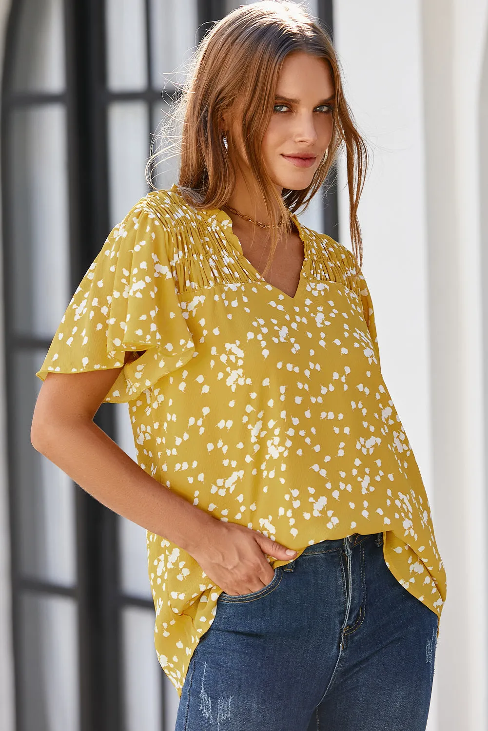 Women's Casual V Neck Floral Print Smocked Short Sleeve Chiffon Blouses