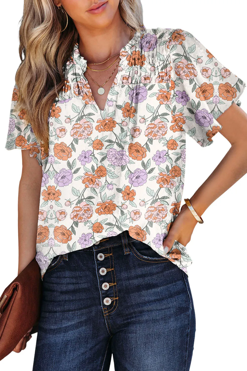 Women's Casual V Neck Floral Print Smocked Short Sleeve Chiffon Blouses