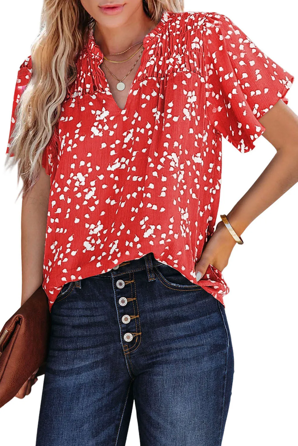 Women's Casual V Neck Floral Print Smocked Short Sleeve Chiffon Blouses