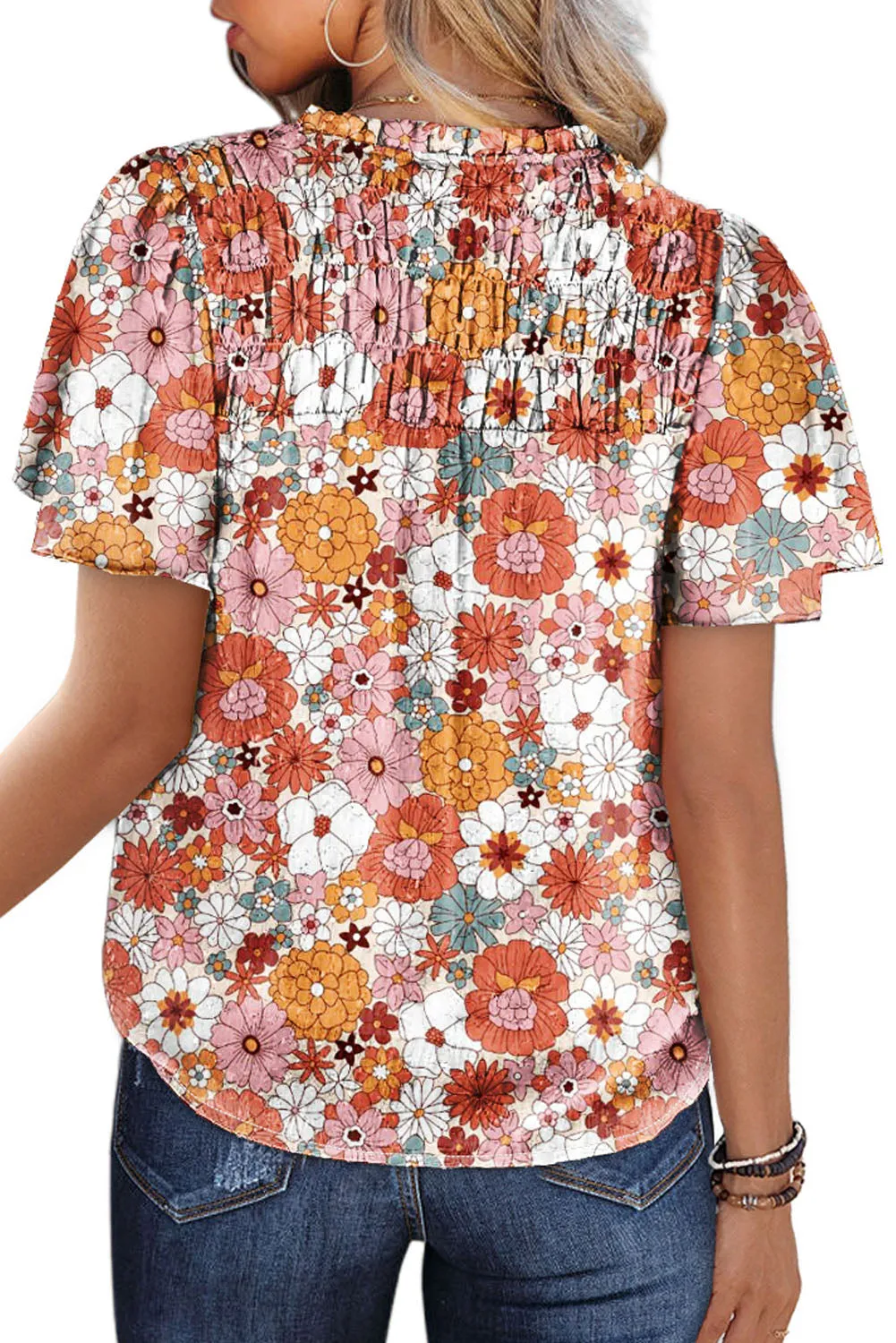 Women's Casual V Neck Floral Print Smocked Short Sleeve Chiffon Blouses