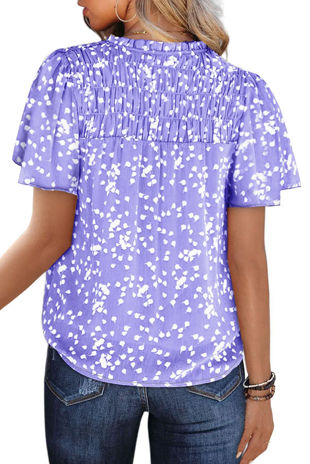 Women's Casual V Neck Floral Print Smocked Short Sleeve Chiffon Blouses