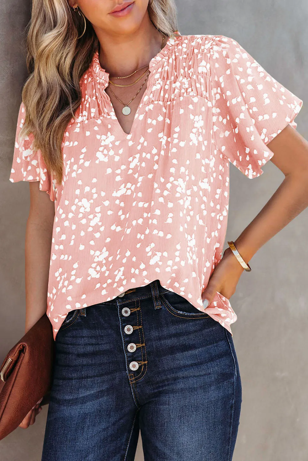 Women's Casual V Neck Floral Print Smocked Short Sleeve Chiffon Blouses
