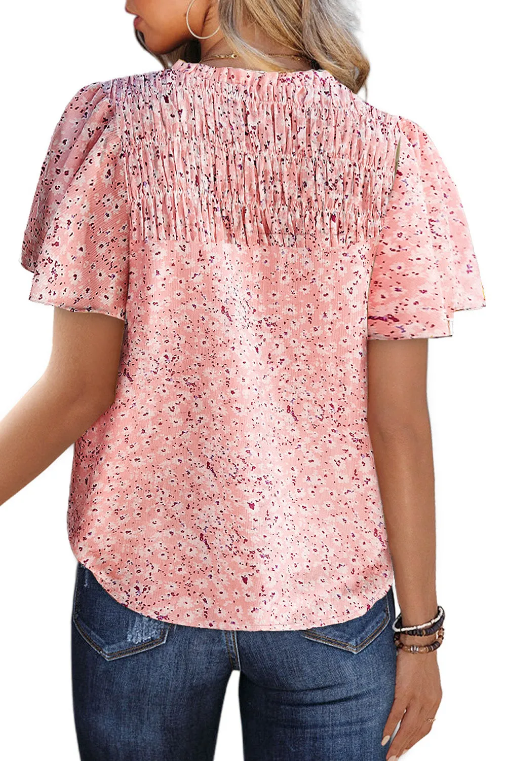 Women's Casual V Neck Floral Print Smocked Short Sleeve Chiffon Blouses