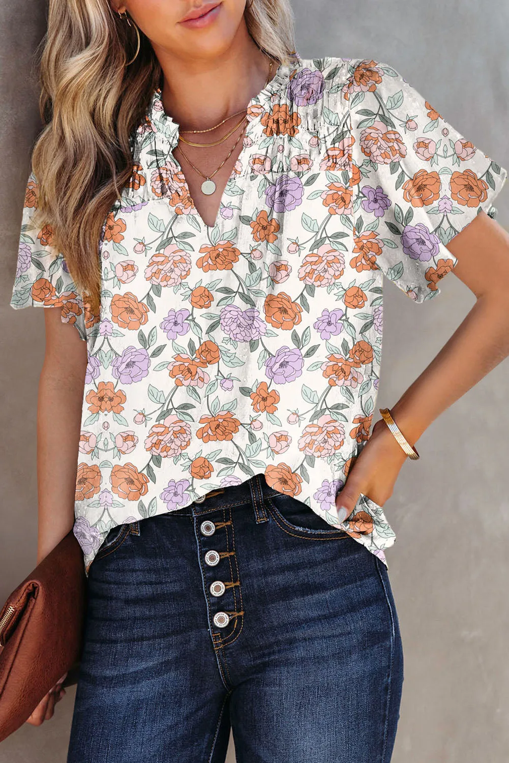 Women's Casual V Neck Floral Print Smocked Short Sleeve Chiffon Blouses