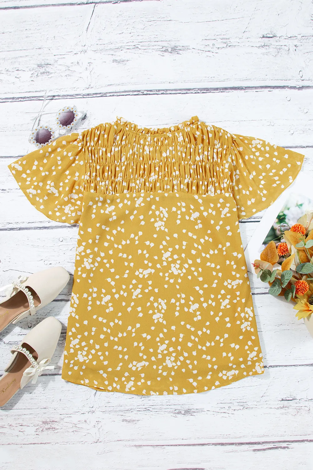 Women's Casual V Neck Floral Print Smocked Short Sleeve Chiffon Blouses