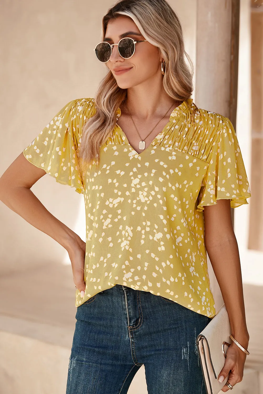Women's Casual V Neck Floral Print Smocked Short Sleeve Chiffon Blouses