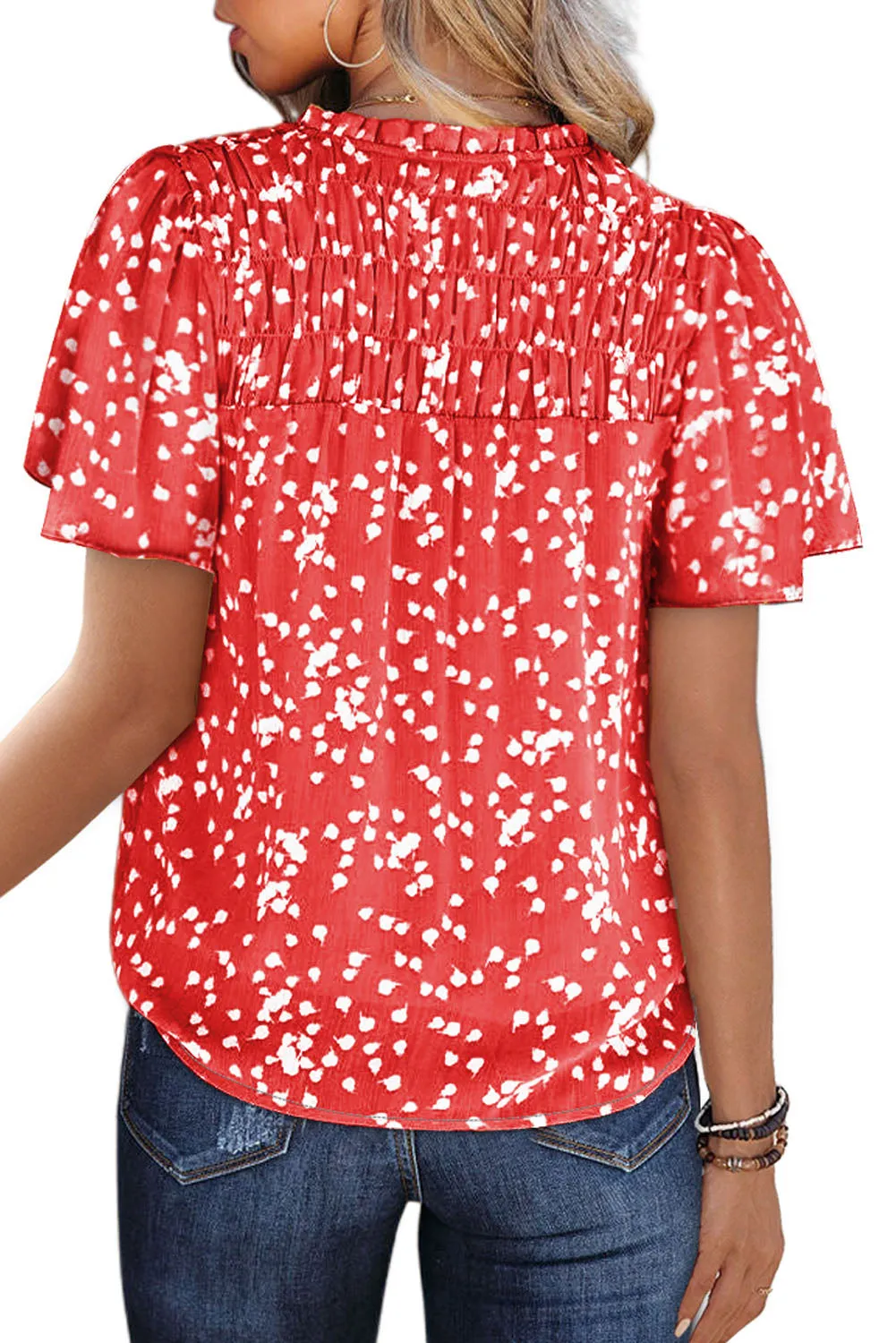 Women's Casual V Neck Floral Print Smocked Short Sleeve Chiffon Blouses