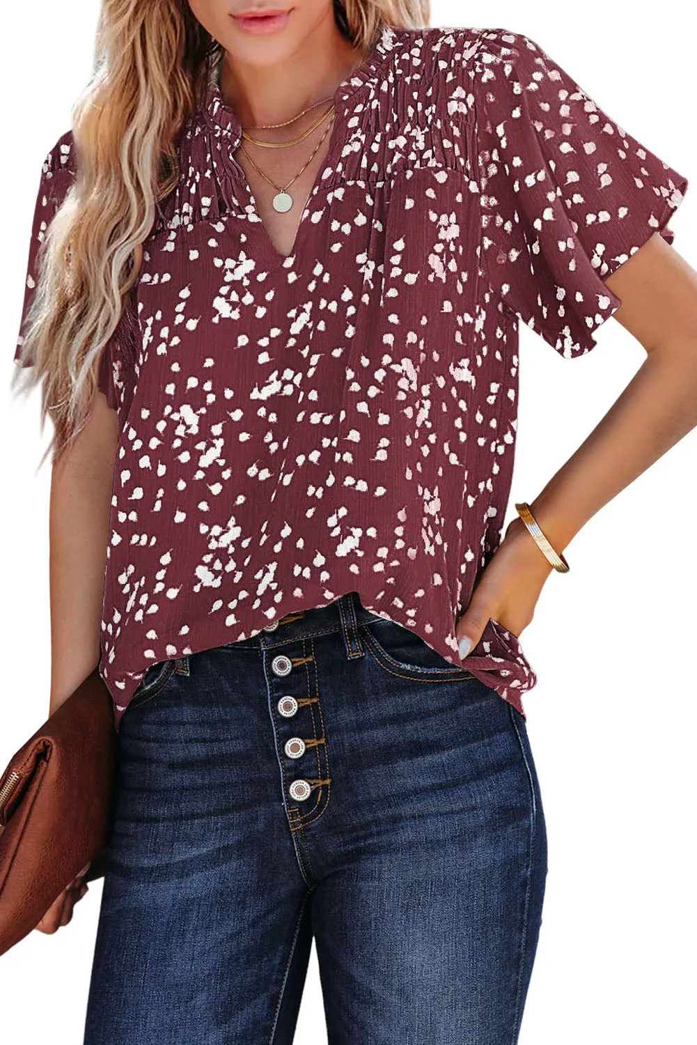 Women's Casual V Neck Floral Print Smocked Short Sleeve Chiffon Blouses