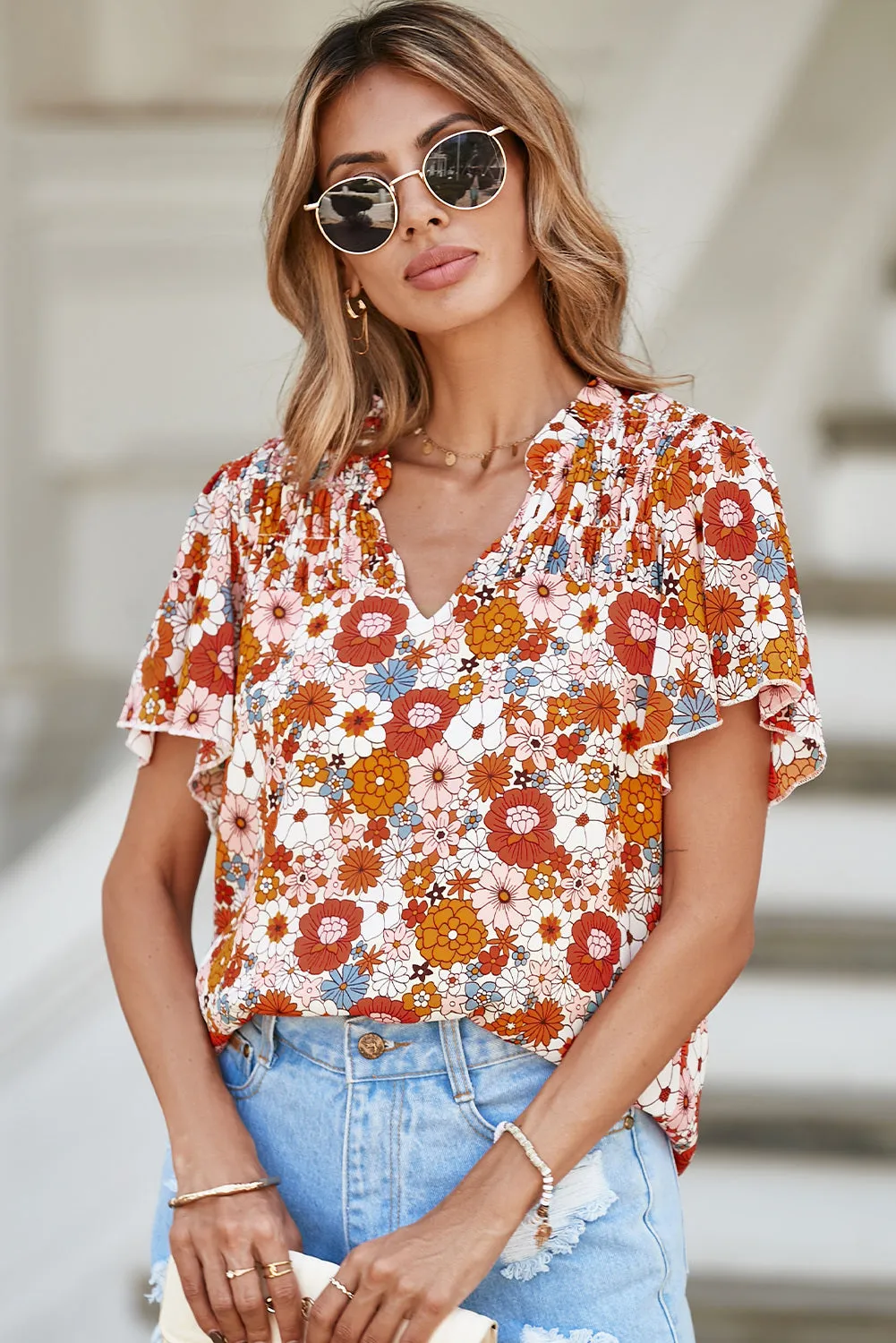 Women's Casual V Neck Floral Print Smocked Short Sleeve Chiffon Blouses
