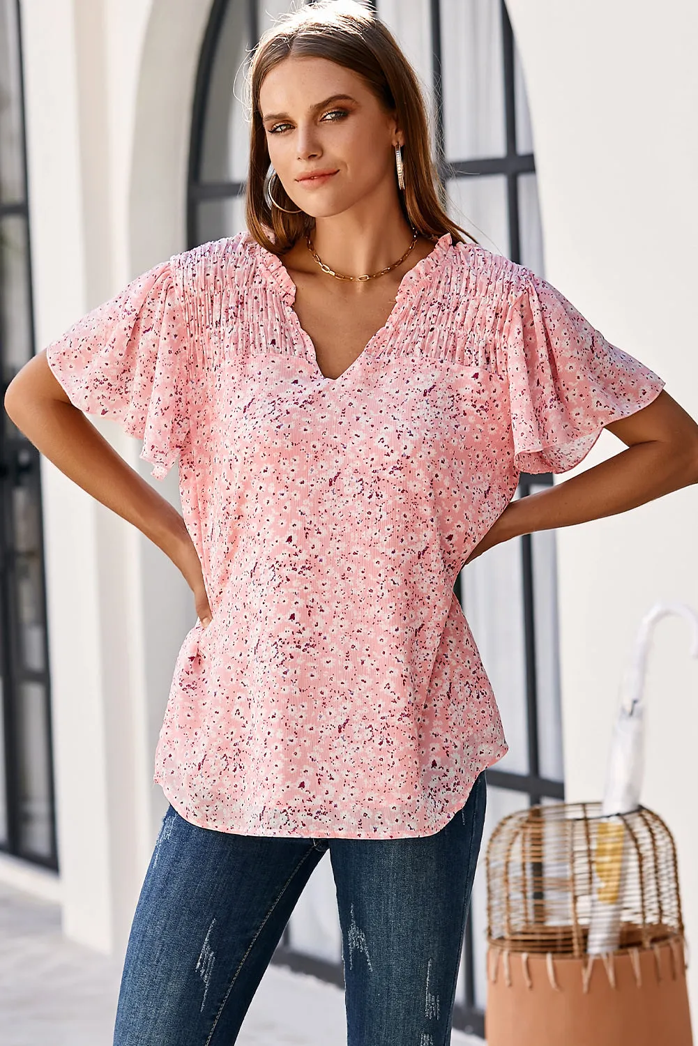 Women's Casual V Neck Floral Print Smocked Short Sleeve Chiffon Blouses