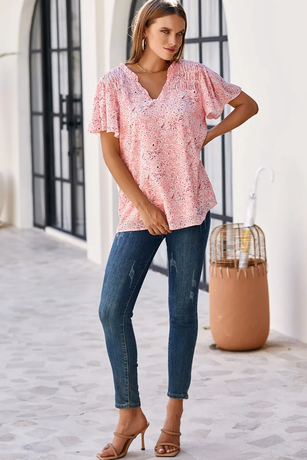 Women's Casual V Neck Floral Print Smocked Short Sleeve Chiffon Blouses