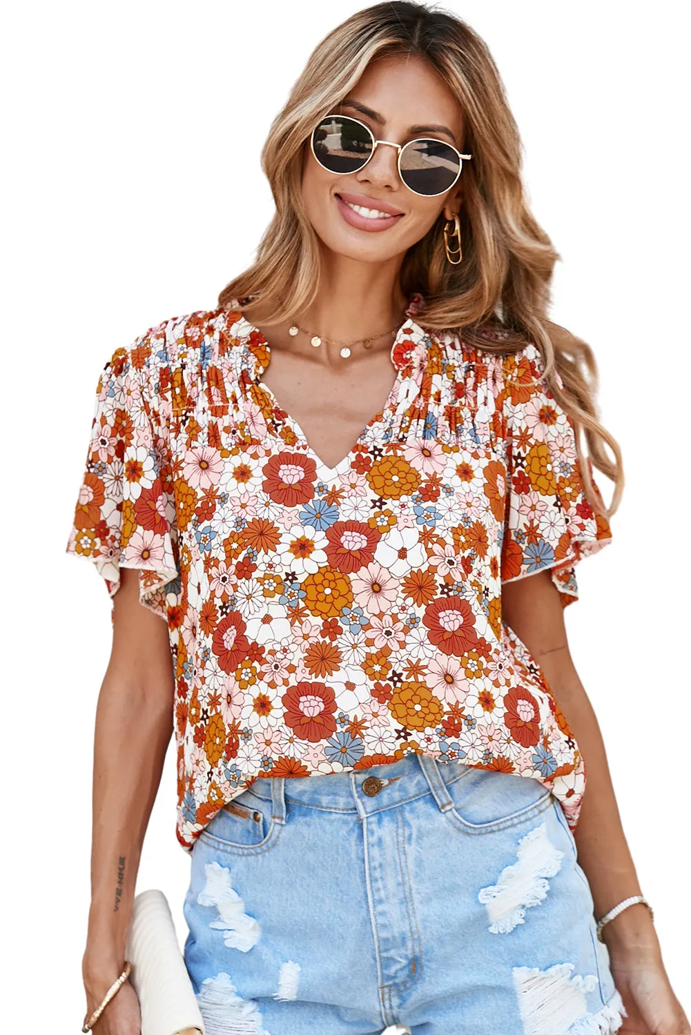 Women's Casual V Neck Floral Print Smocked Short Sleeve Chiffon Blouses