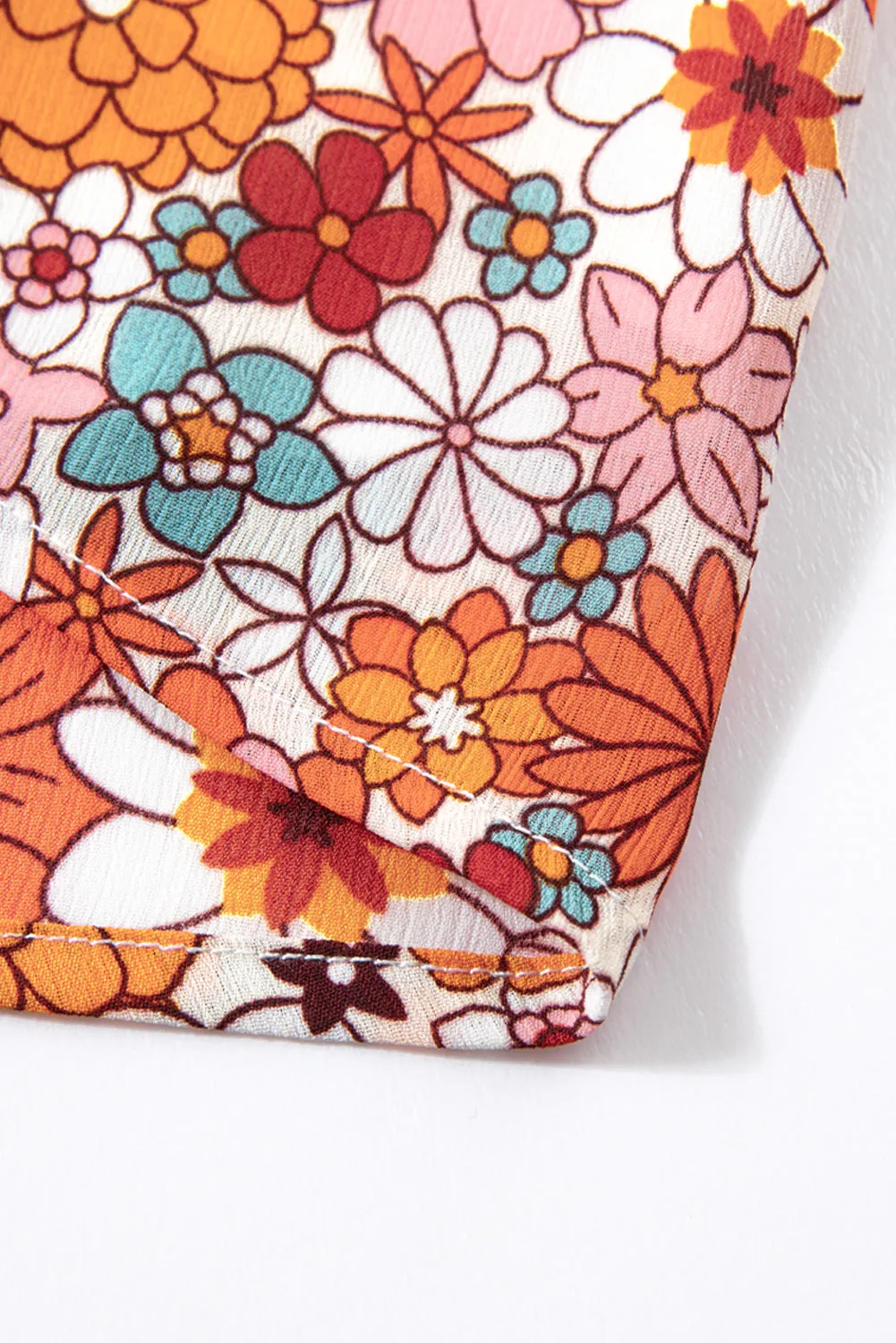 Women's Casual V Neck Floral Print Smocked Short Sleeve Chiffon Blouses