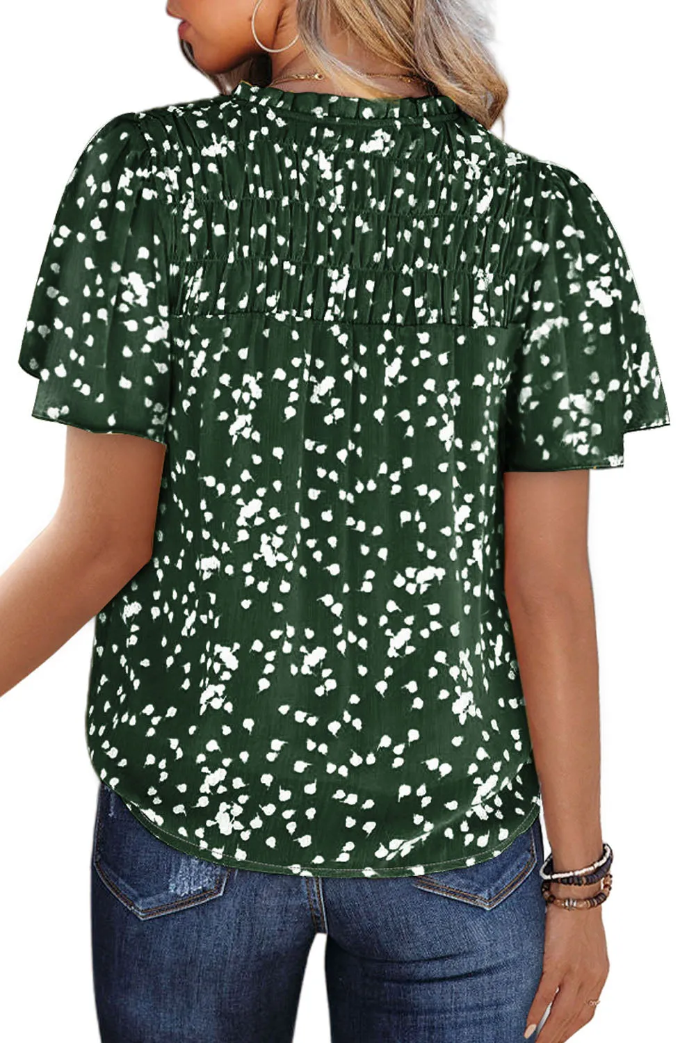 Women's Casual V Neck Floral Print Smocked Short Sleeve Chiffon Blouses