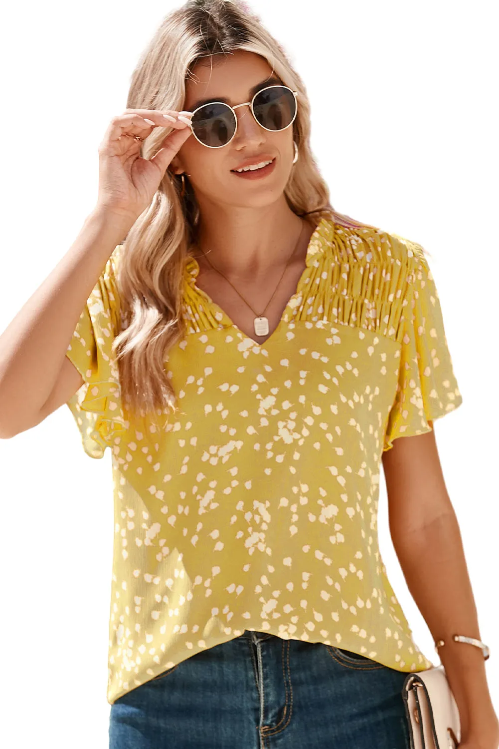 Women's Casual V Neck Floral Print Smocked Short Sleeve Chiffon Blouses