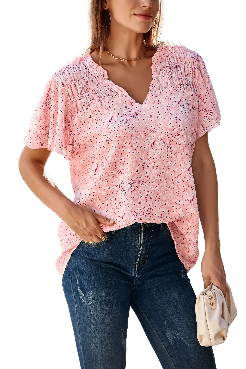 Women's Casual V Neck Floral Print Smocked Short Sleeve Chiffon Blouses