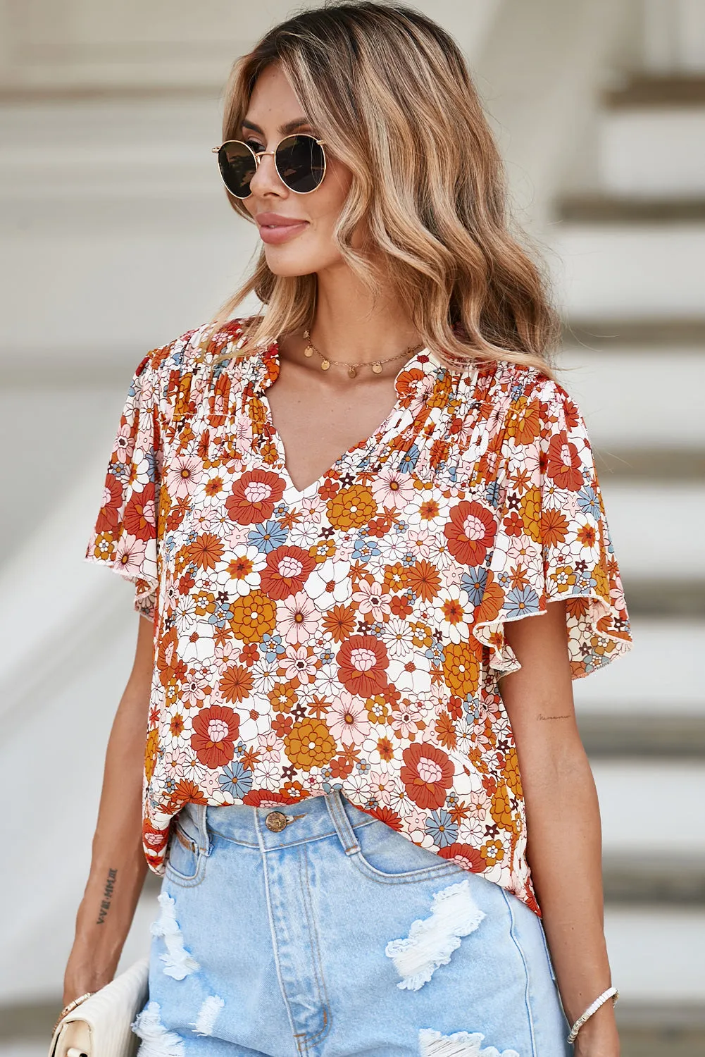 Women's Casual V Neck Floral Print Smocked Short Sleeve Chiffon Blouses