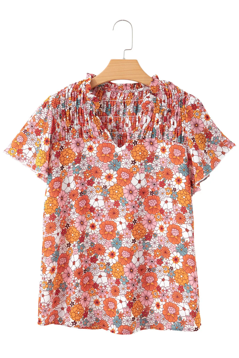 Women's Casual V Neck Floral Print Smocked Short Sleeve Chiffon Blouses
