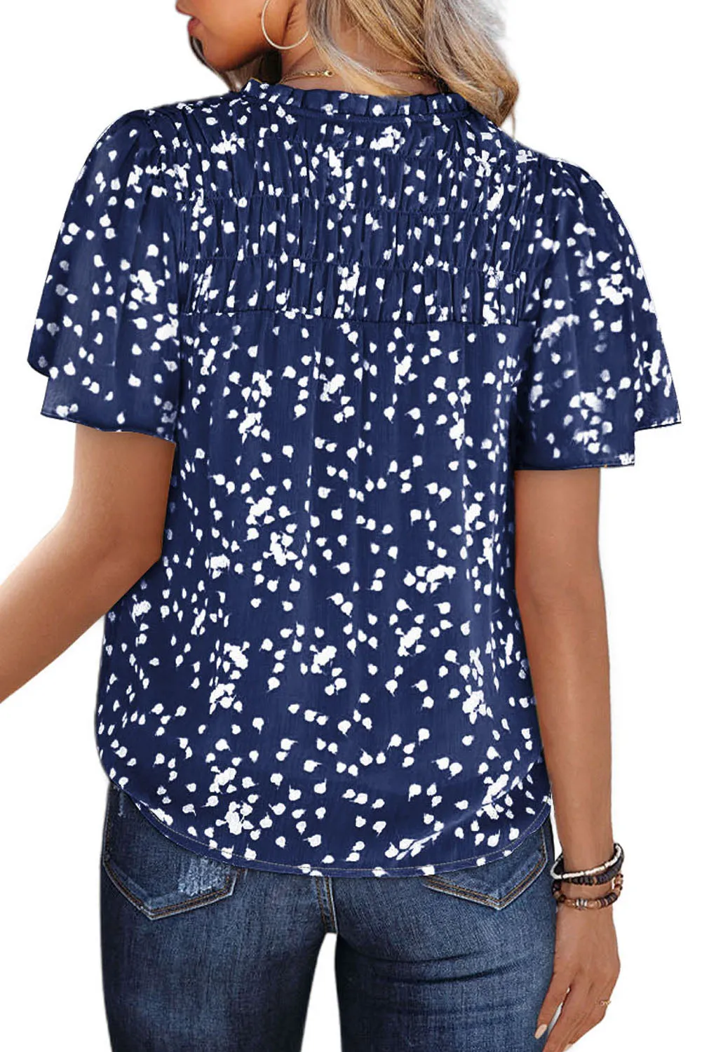 Women's Casual V Neck Floral Print Smocked Short Sleeve Chiffon Blouses