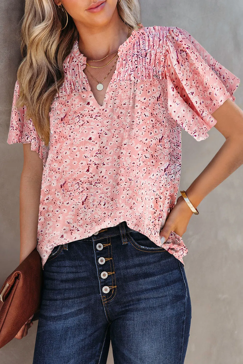Women's Casual V Neck Floral Print Smocked Short Sleeve Chiffon Blouses