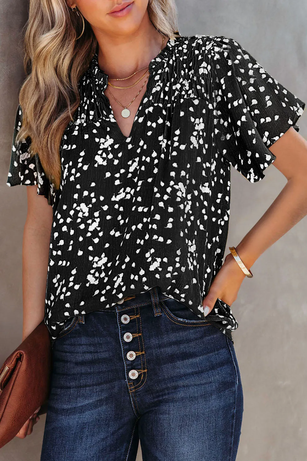 Women's Casual V Neck Floral Print Smocked Short Sleeve Chiffon Blouses