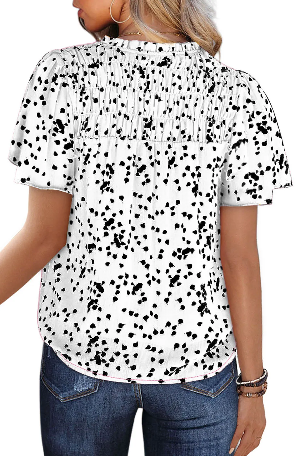 Women's Casual V Neck Floral Print Smocked Short Sleeve Chiffon Blouses