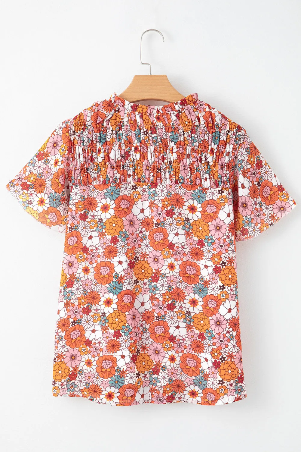 Women's Casual V Neck Floral Print Smocked Short Sleeve Chiffon Blouses