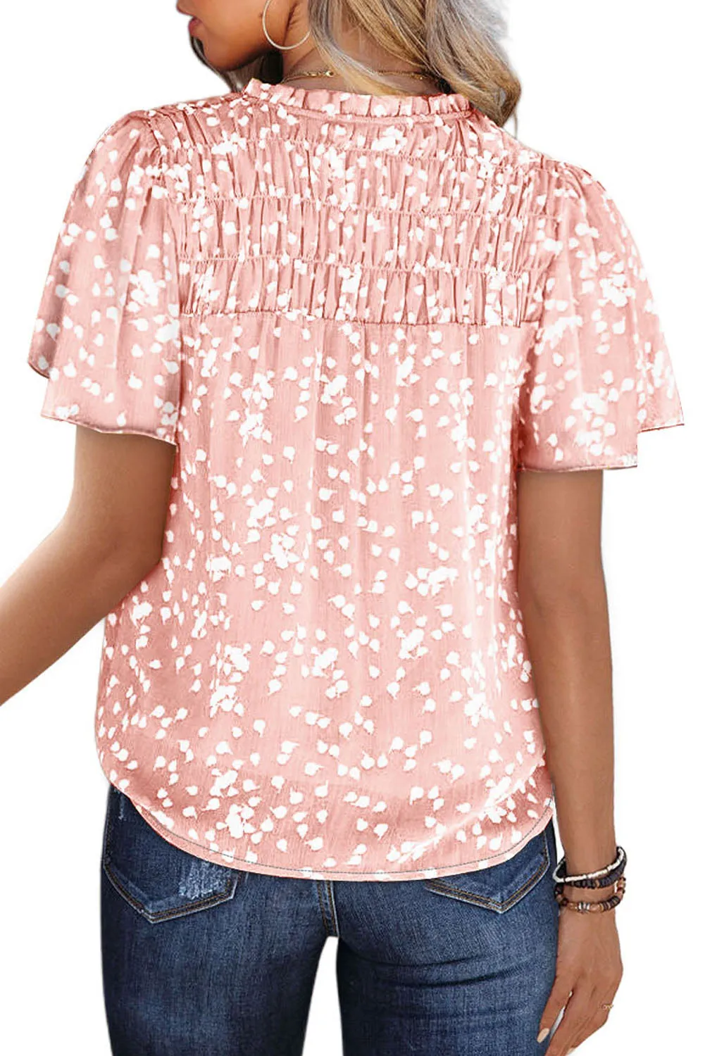 Women's Casual V Neck Floral Print Smocked Short Sleeve Chiffon Blouses