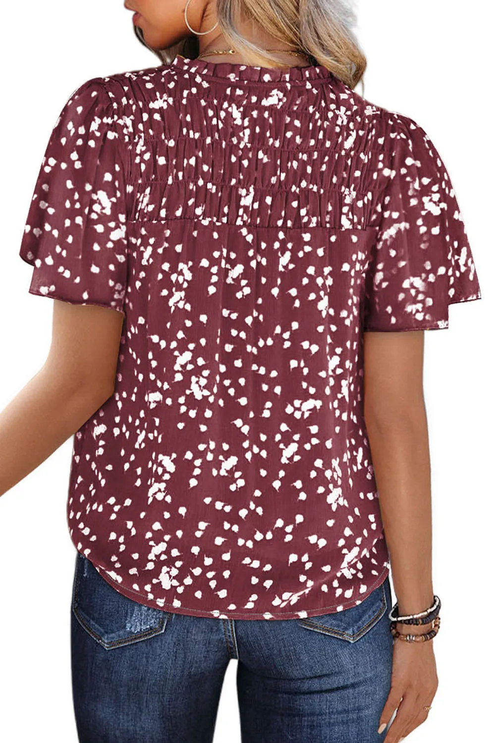 Women's Casual V Neck Floral Print Smocked Short Sleeve Chiffon Blouses