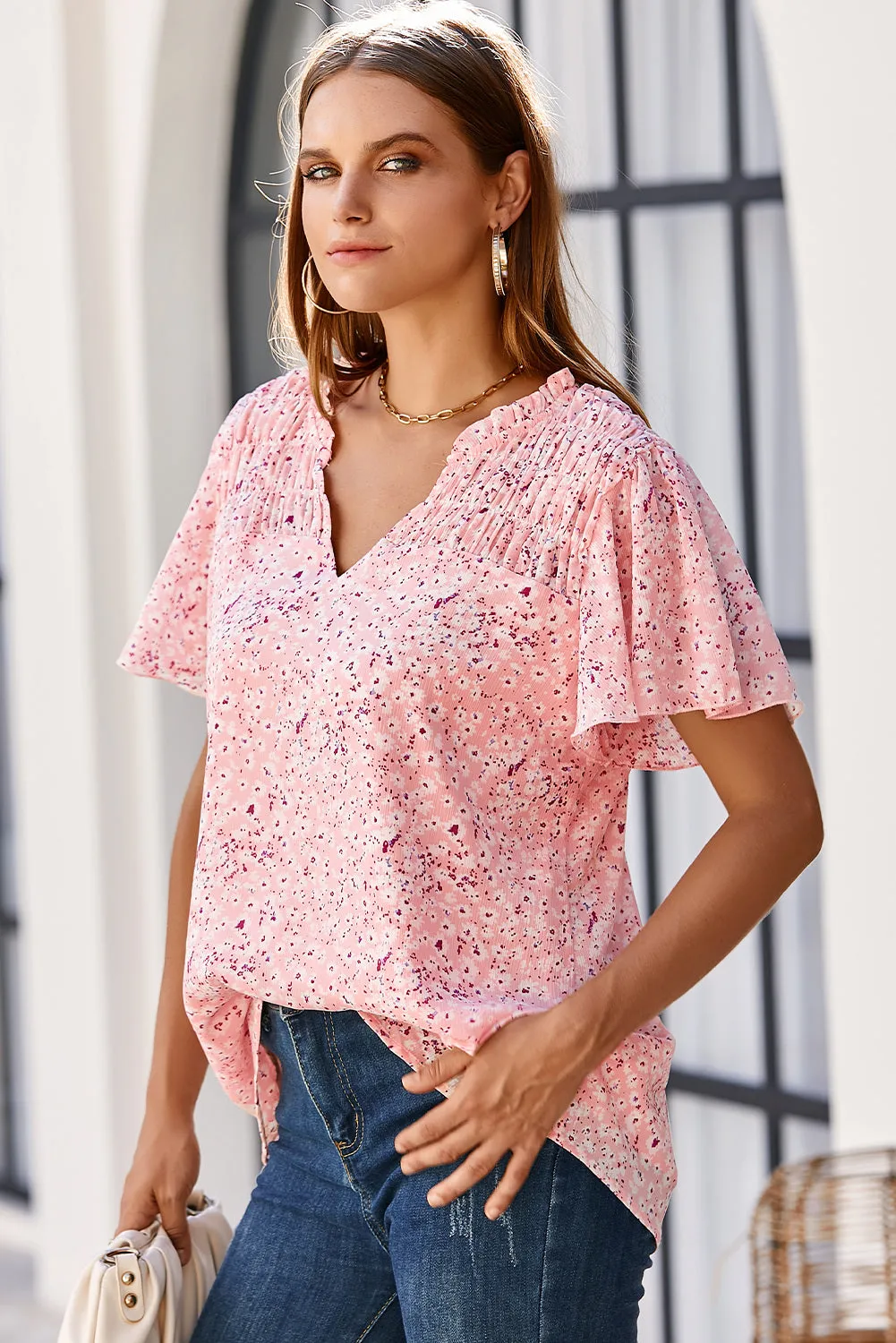Women's Casual V Neck Floral Print Smocked Short Sleeve Chiffon Blouses