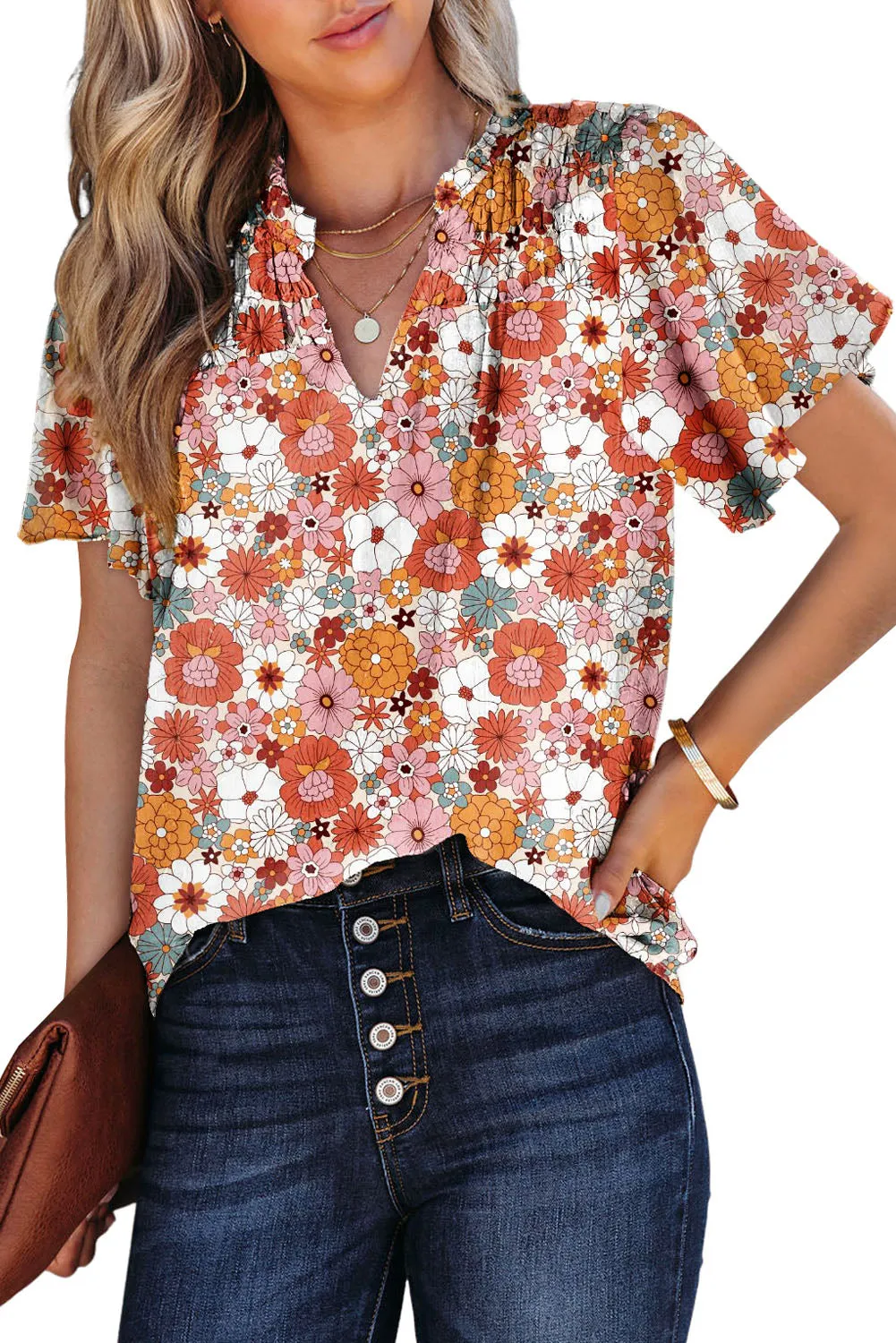 Women's Casual V Neck Floral Print Smocked Short Sleeve Chiffon Blouses