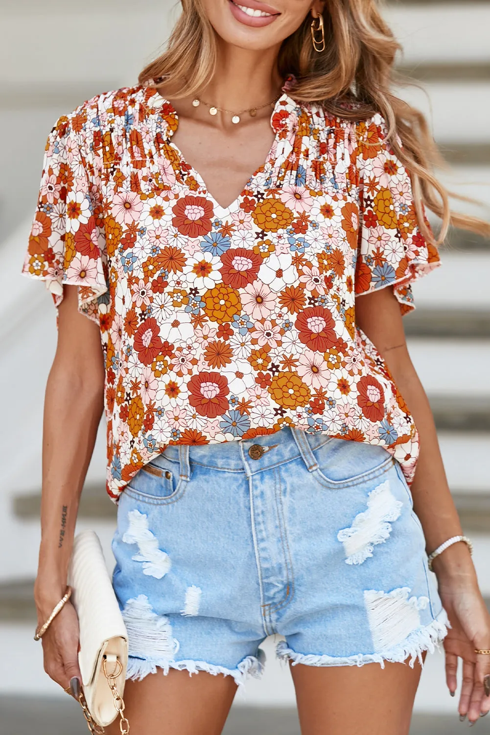 Women's Casual V Neck Floral Print Smocked Short Sleeve Chiffon Blouses