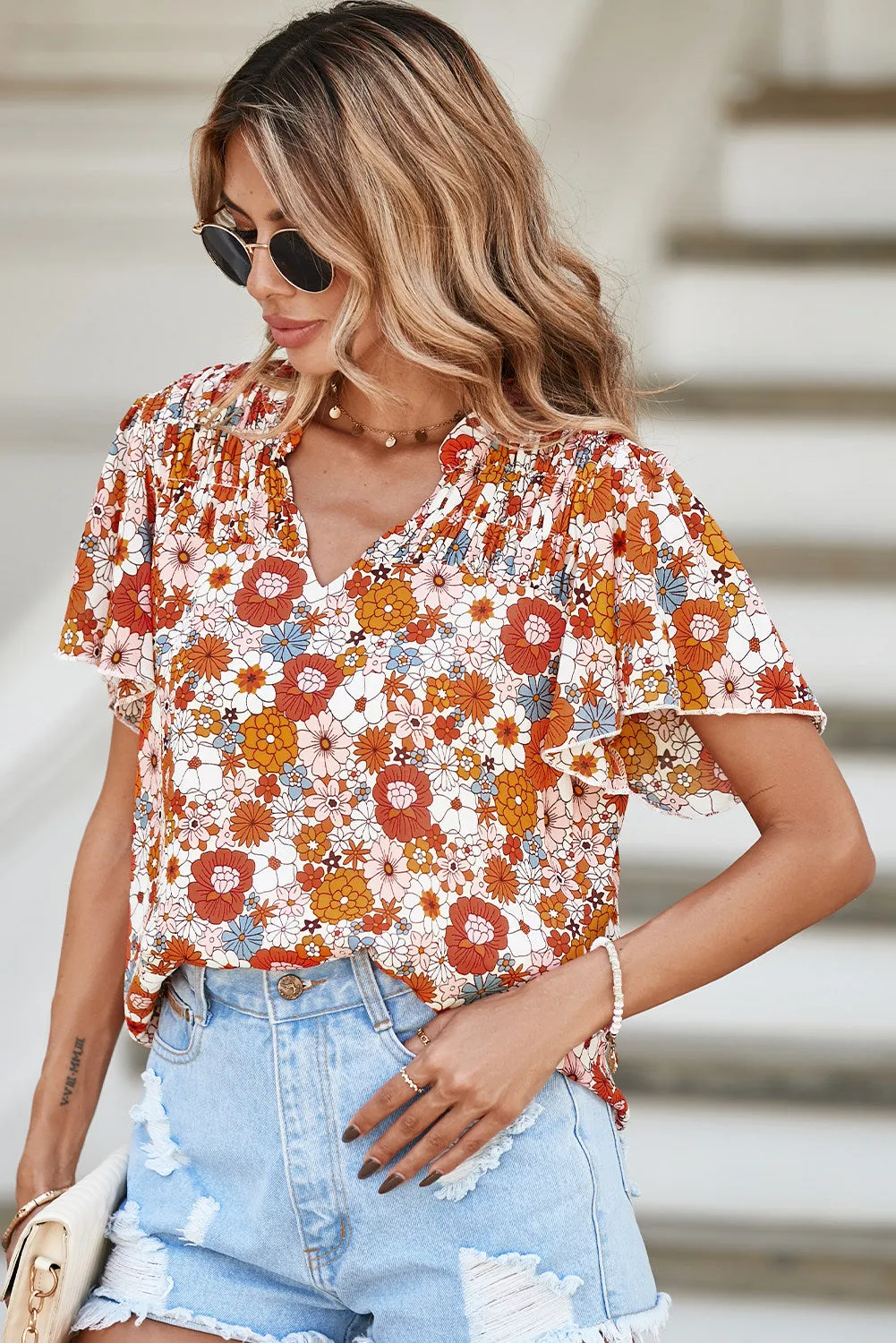 Women's Casual V Neck Floral Print Smocked Short Sleeve Chiffon Blouses