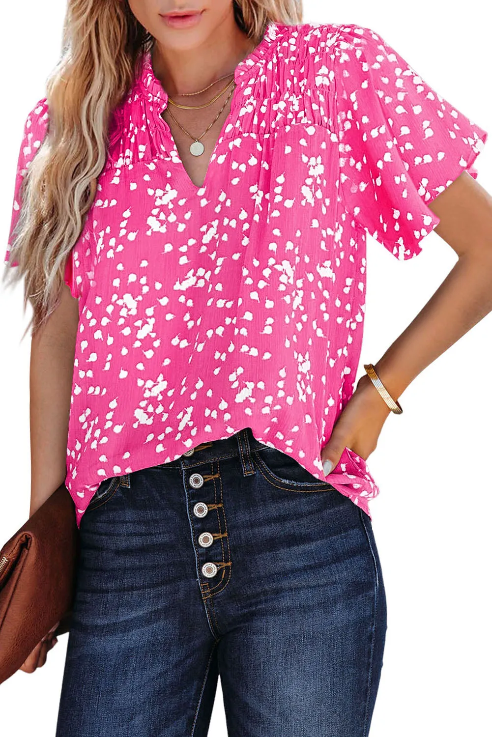Women's Casual V Neck Floral Print Smocked Short Sleeve Chiffon Blouses