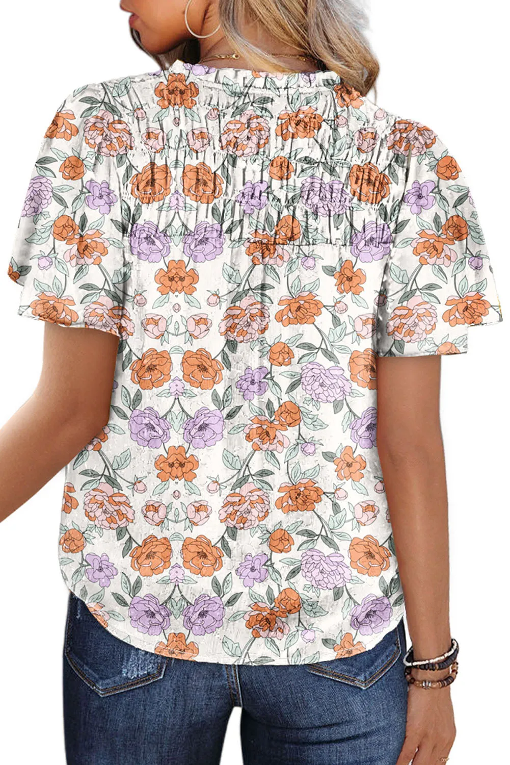 Women's Casual V Neck Floral Print Smocked Short Sleeve Chiffon Blouses